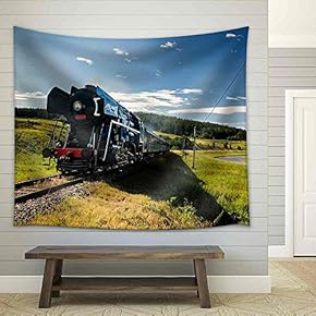 Steam Engine Locomotive Train Moving Next to The River - Fabric Wall Tapestry Home Decor - 51x60 inches