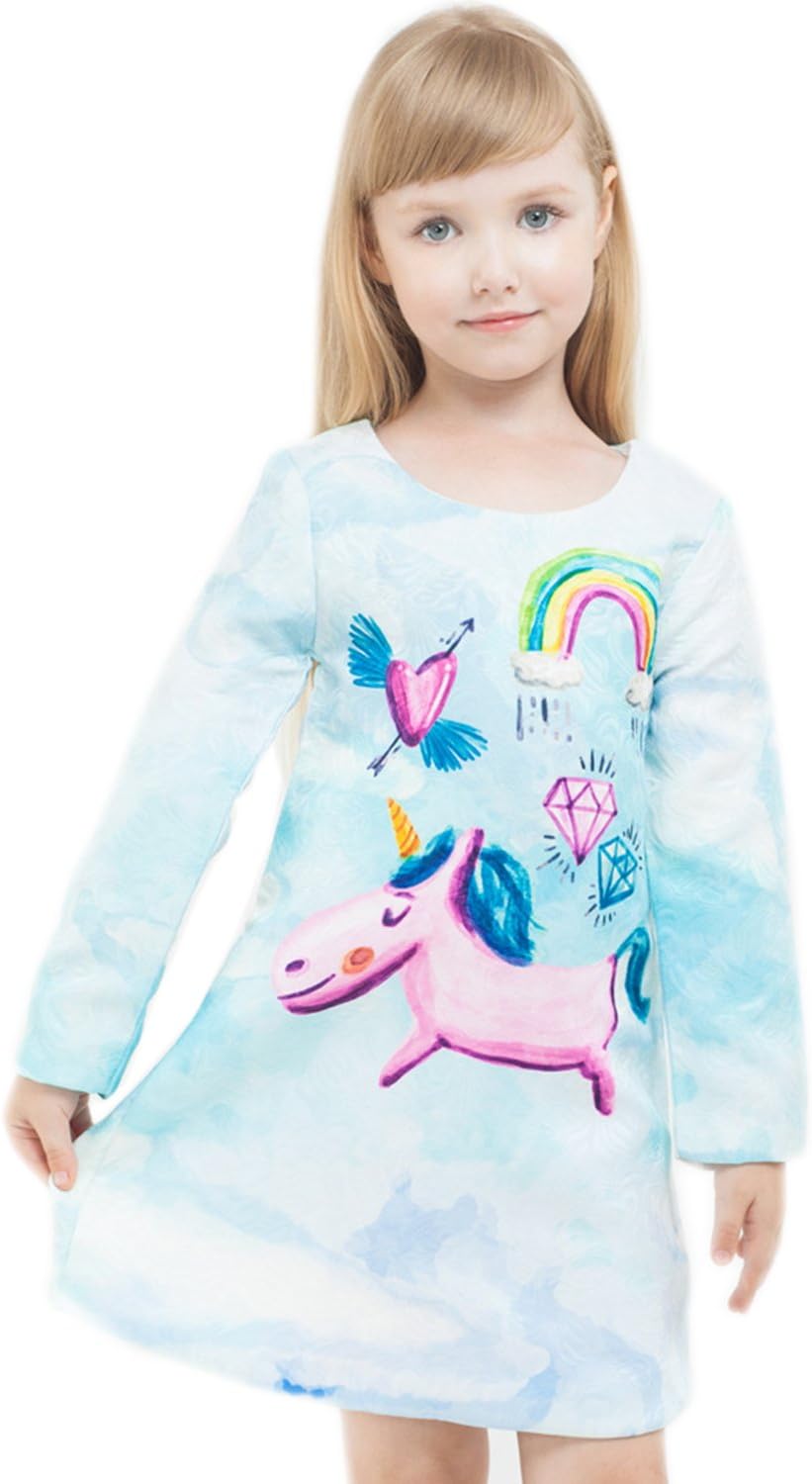 JOLIFEI Girl's Dress Cute Cartoon Unicorn Printed Rainbow Cloud Long Sleeves Crewneck Outfit