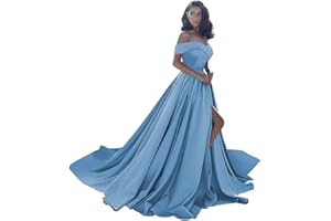 HOMDOR Off Shoulder Satin Prom Dresses Ball Gown Plus Size Formal Dresses for Women Wedding Dress with Slit