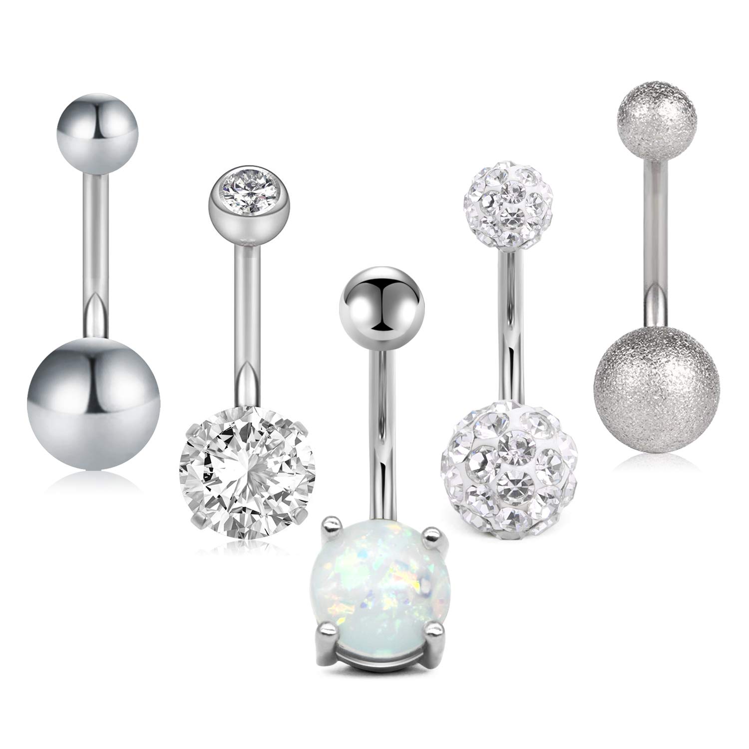Crdifu Pack of 5 Stainless Steel Belly Button Ring Set 14 Gauge Navel Barbell Bars Piercing Jewellery