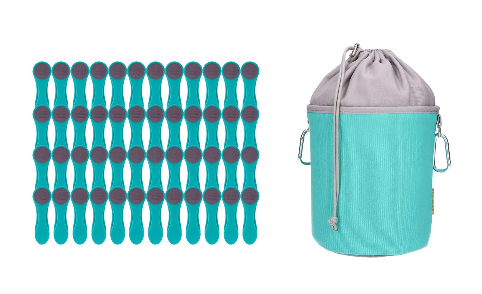 48 Clothes Pegs with Compression Springs Made of Stainless Steel, Soft Touch Turquoise, 1 Canvas Clothes Peg Bag Turquoise Grey