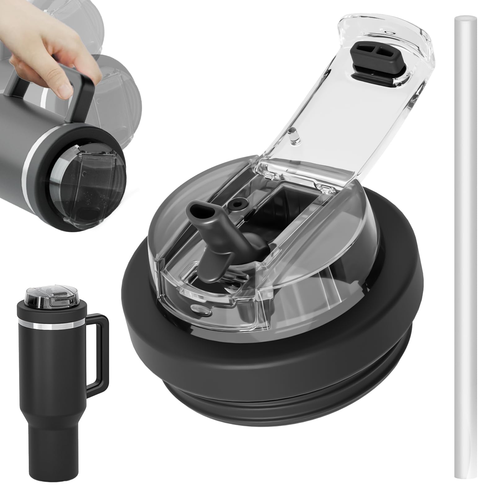 Photo 1 of 40 Oz Tumbler Flip Straw Lid with 9.5" Silicone Straw for Stanley Tumbler- Silicone Cup Lid Replacement with Dustproof Cover Leak Proof for 40 OZ Stanley Cup Accessories - Black