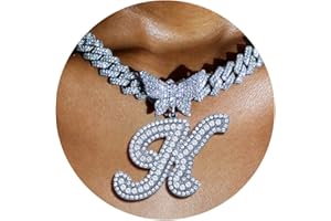 JNCTCOE Cuban Link Chain for Women Cursive Silver Initial 14MM Diamond Prong Cuban Chain Hip Hop Iced Out Chain Necklace Butterfly Initial Letter Name Necklaces for Women