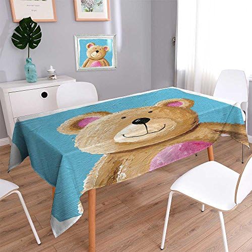 PRUNUSHOME Linen Square Tablecloth Acrylic of a cute teddy bear on the blue background Washable Table cloth Dinner Kitchen Home Decor/50W x 72L Inch