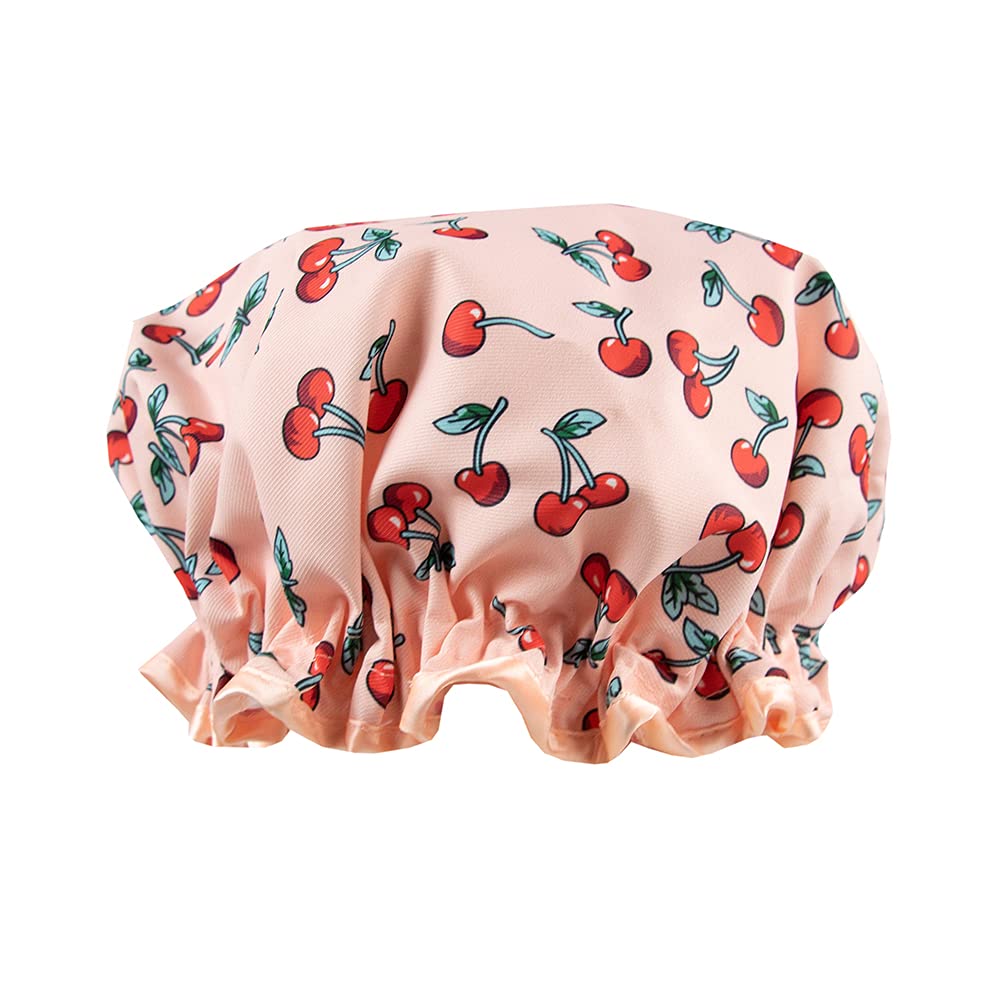The Vintage Cosmetic Company Cherry Shower Cap Lightweight Stretch Waterproof Cap, Keeps Hair Dry and Frizz Free, Reusable Shower Cap, Retro Cherry Design