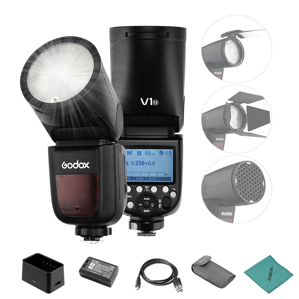 Godox V1-N Professional Camera Flash Speedlite Speedlight Round Head Wireless 2.4G Fresnel Zoom for Nikon D5300 D750 D850 D7100 Z7Cameras Camcorder for Wedding Portrait Studio Photography