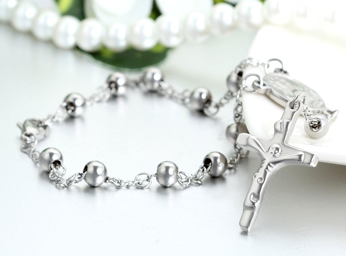 JewelryWe Men Women's Stainless Steel Religious Catholic Rosary Beads Chain Bracelet with Crucifix Cross and Medal, Silver - Image 4