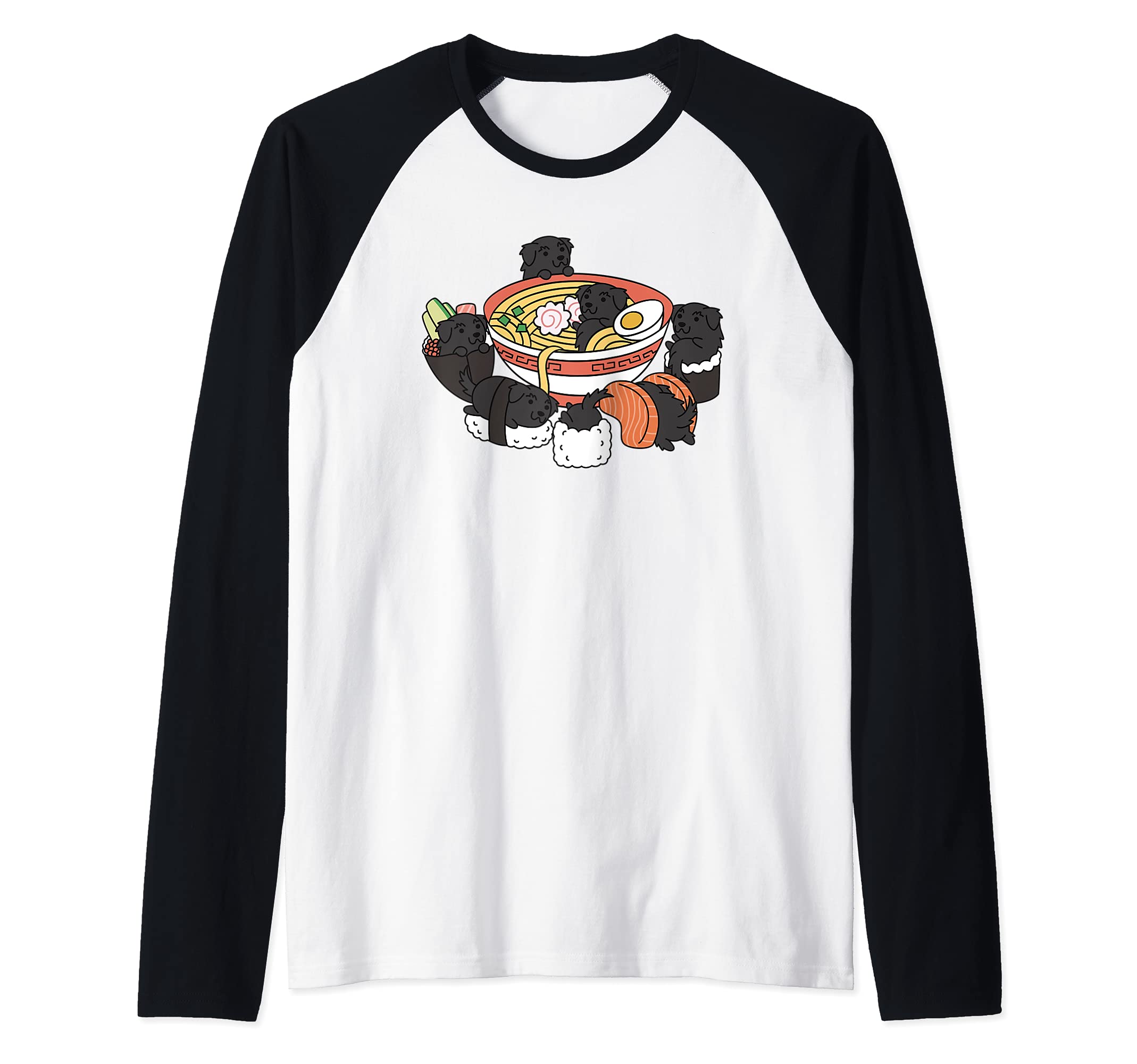 Ramen Sushi Newfoundland Dog Raglan Baseball Tee