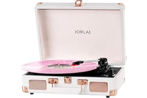 JORLAI 3-Speed Vinyl Record Player Turntable Portable Suitcase with Bluetooth, Rechargeable Battery, Aux/RCA/Headphone Jacks, Compact Retro Design for Vinyl Lovers