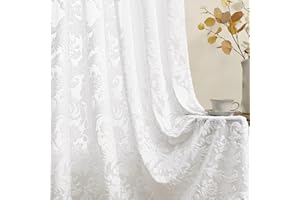 MYSTIC-HOME Sheer White Curtains for Bedroom Living Room Boho 63 Inches Rod Pocket Farmhouse Drapes with Floral Patterned Vintage 3D Flocked Texture & Rococo Motifs Window Curtains Set of 2 Panels, 52"W*63"L