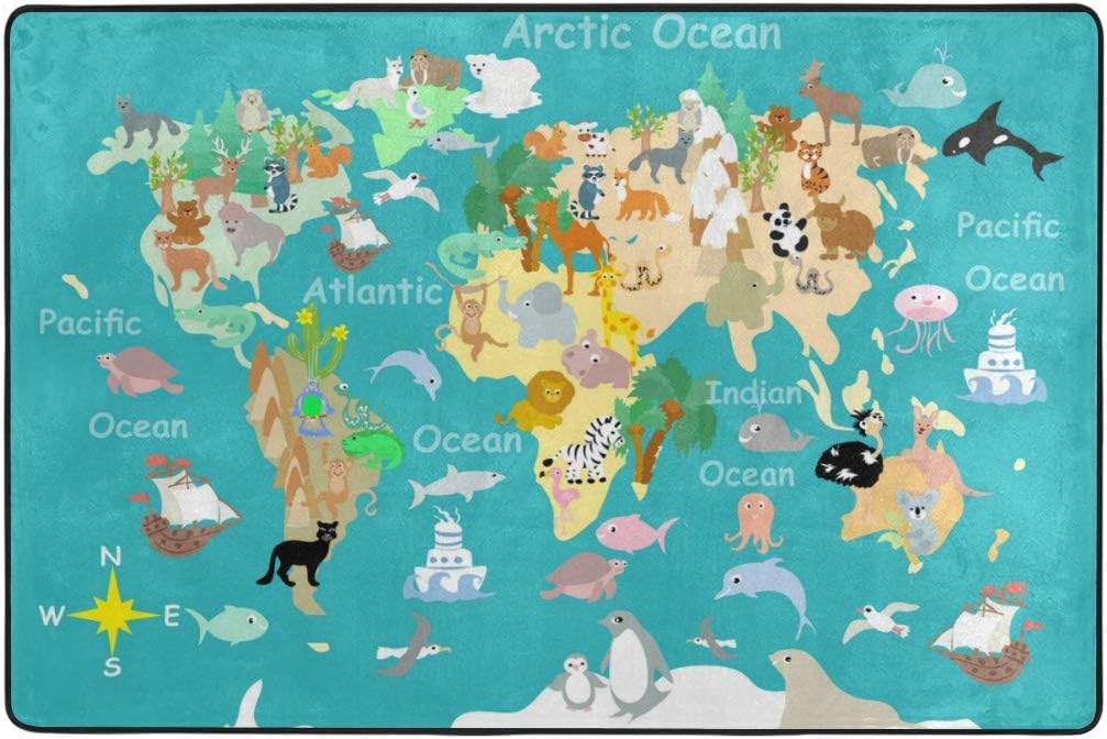 BALII Cartoon Animal World Map Area Rug Carpet Soft Floor Mat for Living Room Bedroom 183x122cm