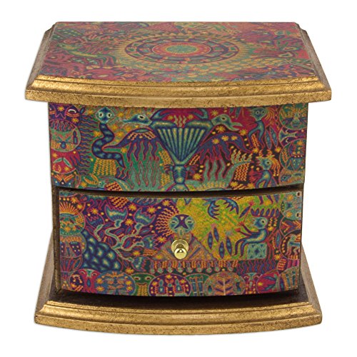 NOVICA Colorful Decoupage On Pinewood Jewelry Box with Drawers, 'Huichol Vision'