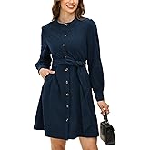 YEXPINE Women's Corduroy Long Sleeve Mini Dress Crew Neck Button Down Tunic Dress with Belt