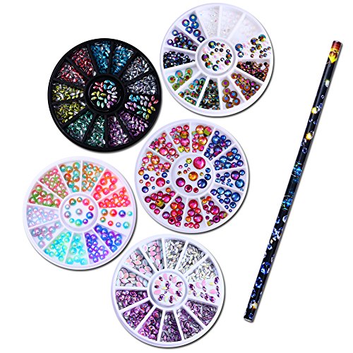 NICOLE DIARY 5 Boxes 3D Nail Art Rhinestones Decoration Holographic Chameleon Marquise Flame Studs in Wheel + 1Pc Wax Pen Rhinestone Studs Picker Nail Art Tool