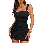Trendy Queen Womens Mini Mesh Square Neck Fitted Going Out Ruched Dresses Summer Party Club Bodycon Short Dress