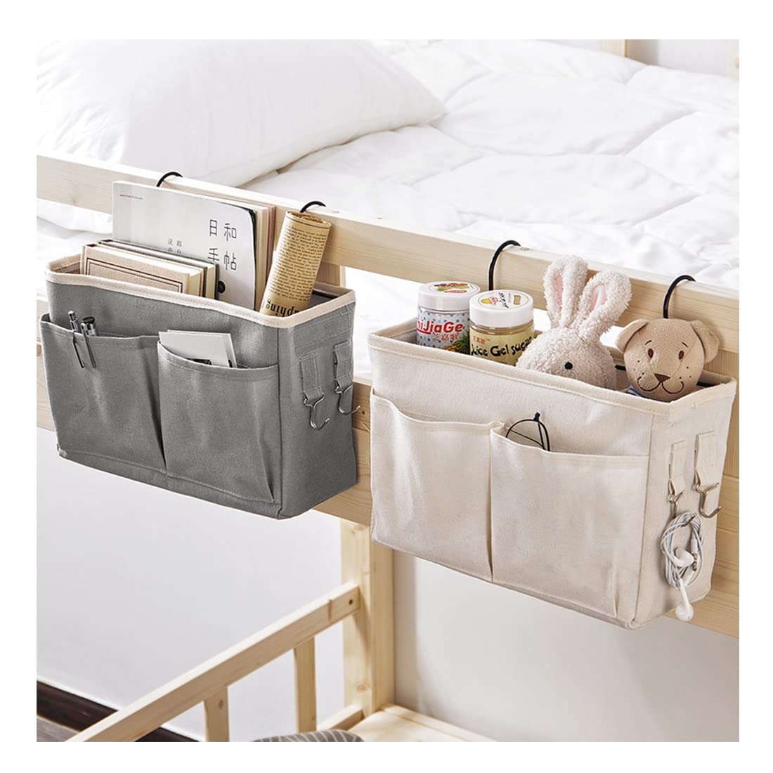 Bedside Storage Caddy – Hanging Organizer with Multiple Pockets by KOKSI – Grey Fabric Bedside Pocket for Magazines, Books, Remotes, Smartphones – Ideal for Sofa, Armrest, Bedroom
