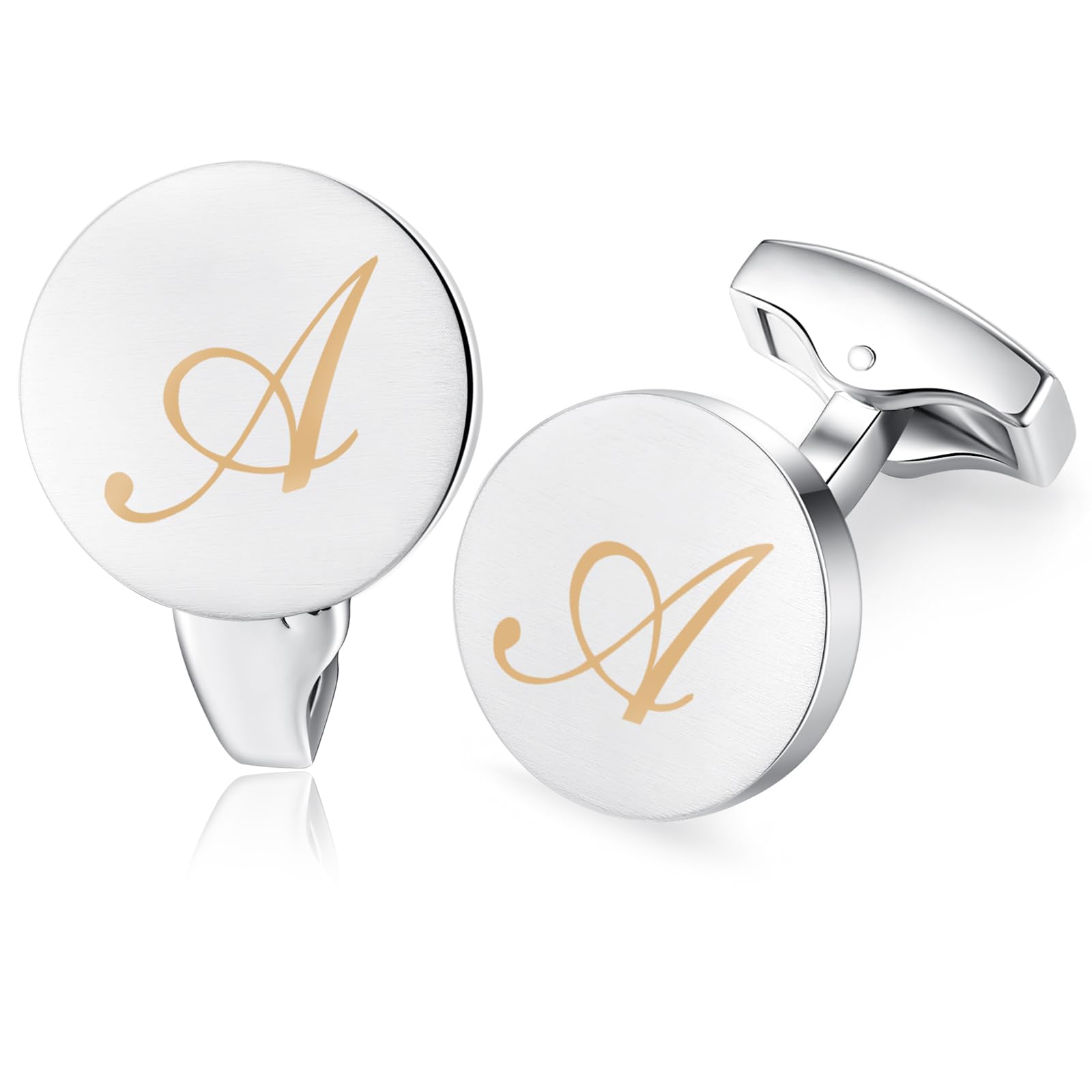 HONEY BEAR Initial Alphabet Letter Cufflinks for Men, Silver Round Shape Wedding Business Gifts A - Z (One pair A)
