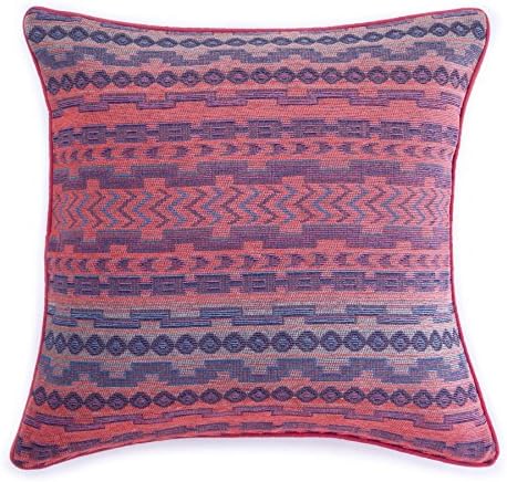 Homier Pink Tribal Pillow Cover Throw Cushion Case for Sofa Couch - Gradient Neon Pink/Violet Purple/Sky Blue/Dark Navy/Beige/Brown Woven Pattern with Pink/Coral Accent Piping - 20 x 20 Inches