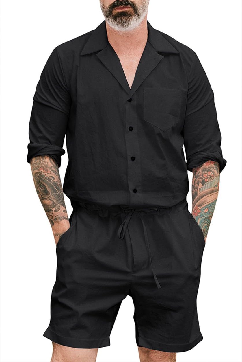 Nansiche Men's Short One Piece Jumpsuits Short Long Sleeve Casual One Piece