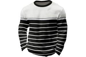 Mens Crew Neck Long Sleeve Shirt Autumn Casual Striped Waffle Tops Slim Fit Color Block Breathable T-Shirt Soft Comfy