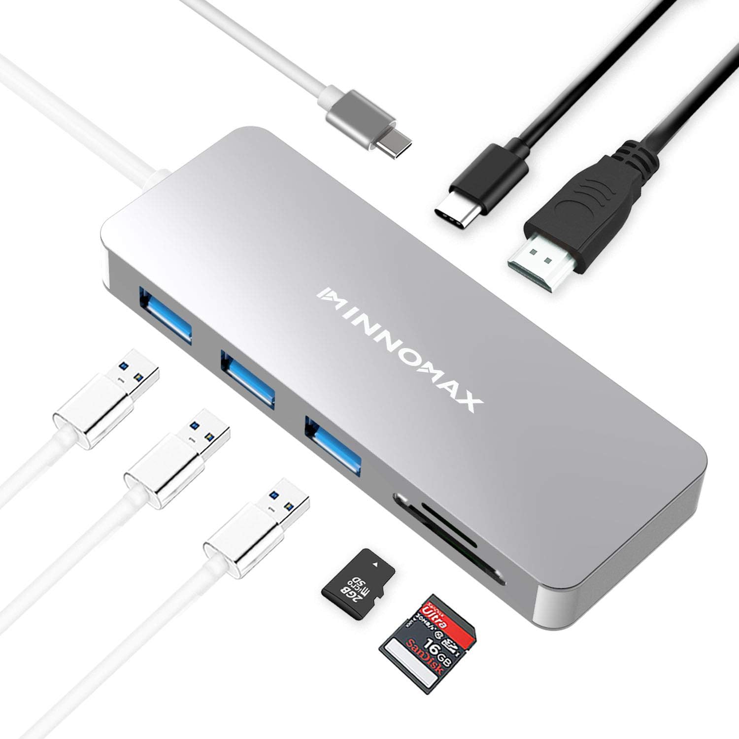 7-in-1 USB-C Hub,HDMI Adapter with Power Delivery,USB-C to 4K HDMI Adapter/SD+Micro SD Card Reader for MacBook Pro 2018/2017/2016, MacBook Air 2018,iPad Pro 2018,Samsung Dex,other USB-C Devices-Silver