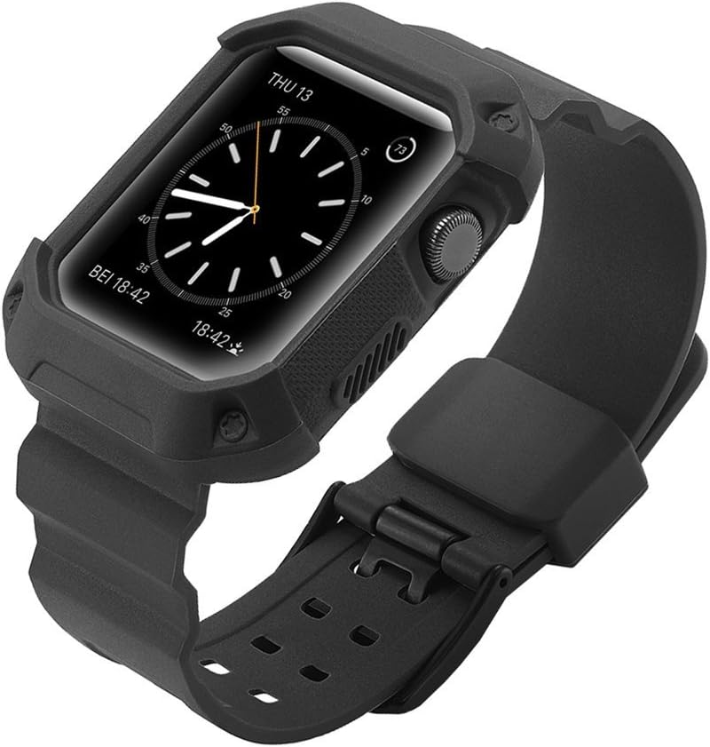 Apple Watch Band,Watch Band with Sport Shockproof Protective Case Cover,TPU Rubber Bracelet Strap for Apple iWatch Series 3 Series 2 and Series 1 All Models 38mm (Black)