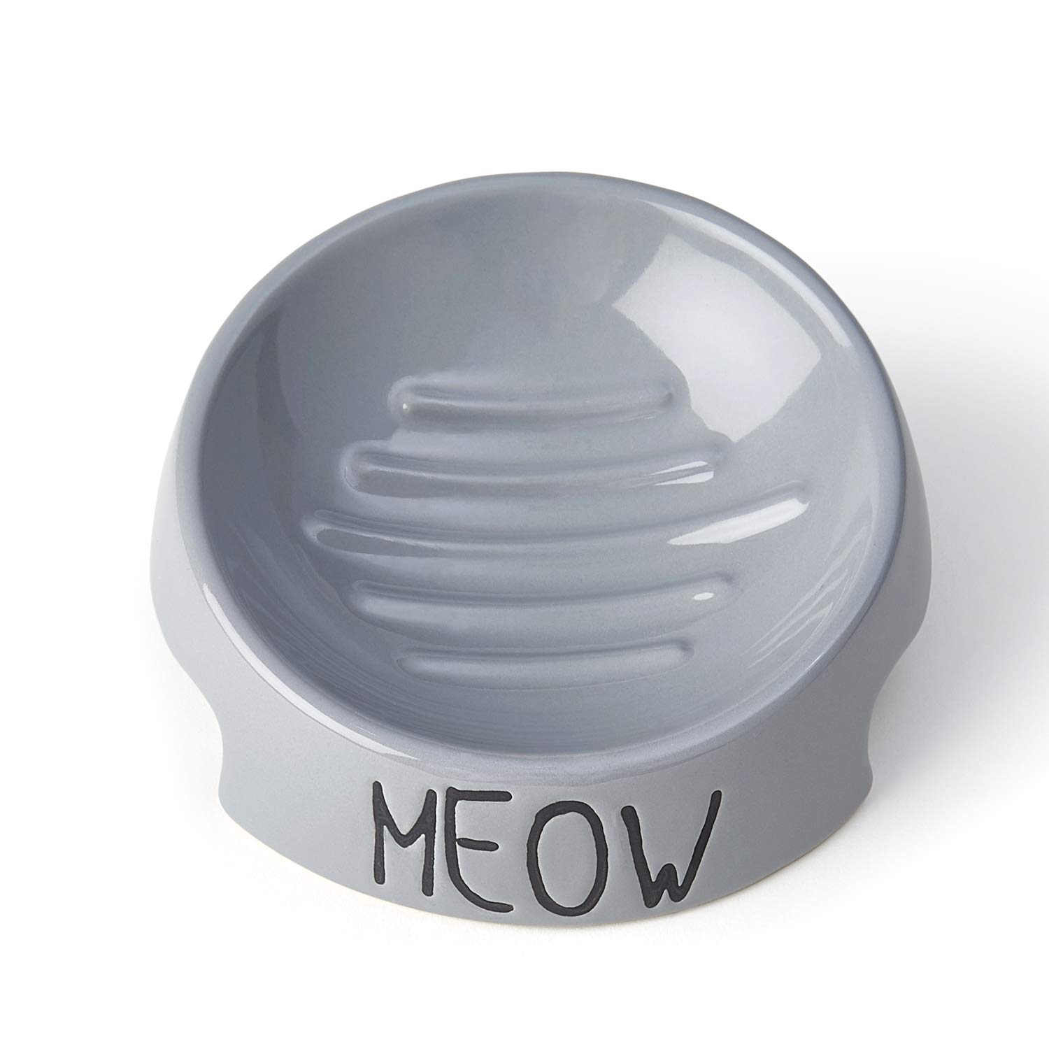 Photo 1 of PetRageous 17014 Meow Inverted Angled Stoneware Dishwasher-Safe Cat Bowl 6-Ounce 4.25-Inch Diameter 2-Inch Tall for Kittens and Small Cats or Large Cats, Grey