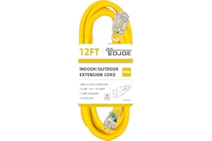YOJOE 12 Foot Yellow Extension Cord, Lighted Outdoor 12/3 Cord, 12 Gauge 3 Prong SJTW Heavy Duty Extension Cable with 3 Prong Grounded Plug for Safety, UL Listed