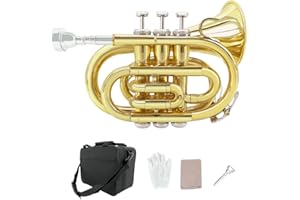 WUQIMUSC Brass Pocket Trumpet Bb Key Nickel Plated with Mouthpiece 7C, Cleaning Kit, Carrying Case, Gloves for Beginners/Stud