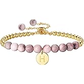 Ritach Initial Bracelets for Girls Kids - Pink Zebra Natural Stone Bracelet Real Gold Plated Beaded Bracelets Adjustable Disc Initial Bracelets for Girls Kids Teen Girl Gifts