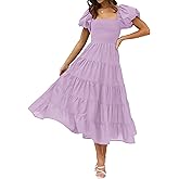 ZESICA Women's 2026 Summer Square Neck Short Puff Sleeve Solid Color High Waist Casual Smocked Flowy A Line Tiered Midi Dress