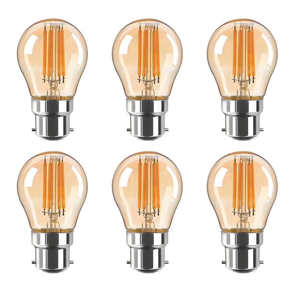Jiotouhu G45 Golf Ball Filament Vintage LED Bulbs, B22 Bayonet Cap, Energy Saving 4W Light Bulb 40W Equivalent, NONDIMMABLE Amber 2700K 400LM, 6-Pack