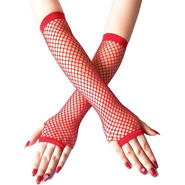 Acenail Lange Fingerlose Handschuhe – Fischnetz, Rot, Ellenbogenlänge, Für Cosplay, Party & Hochzeit