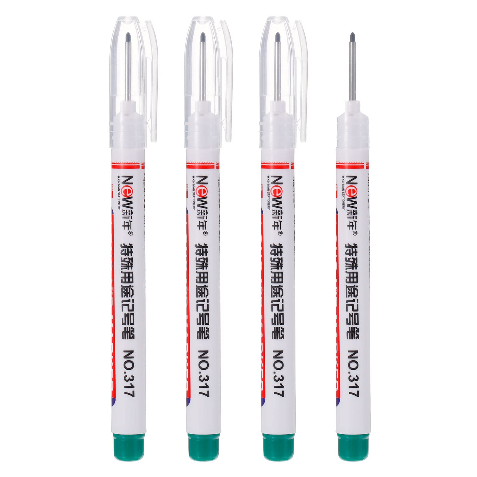 PATIKIL Deep Hole Marker Pens, 4 Pack Green Ink Deep Drill Hole Long Nose Scriber Carpenter Pen for Construction Woodworking, White