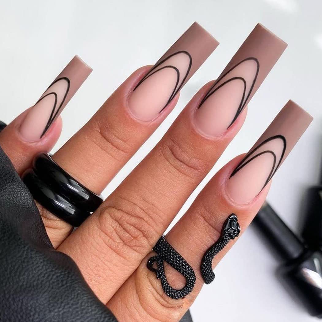 Vatocu Coffin Glossy False Nails Long Pink Fake Nails Flame Tai Chi Press on Nails Black White Full Cover Ballerina Acrylic Stick on Nails for Women and Girls (24 pcs) (Black 4) — image 1