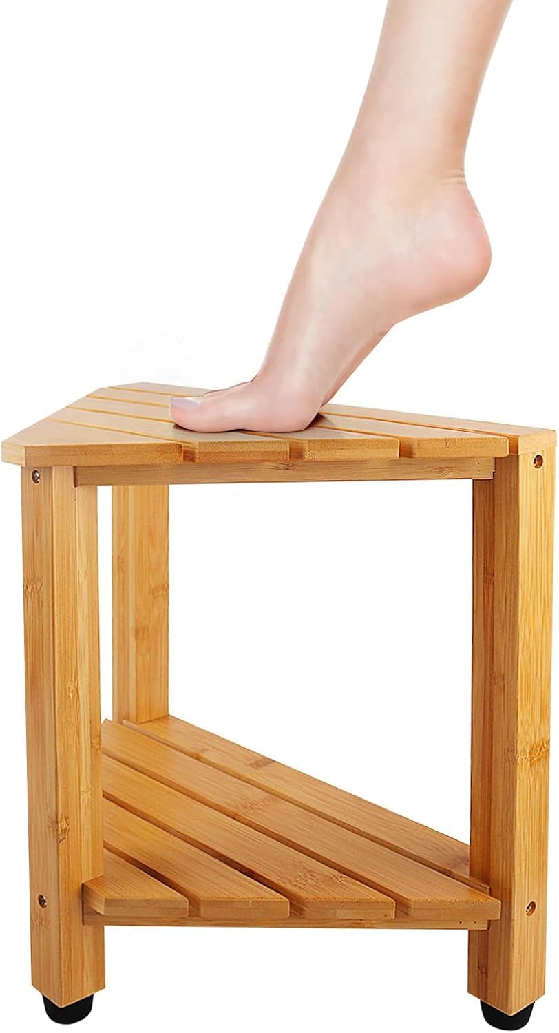 Photo 1 of MISSEND Shower Foot Rest 13 in, Bamboo Shower Stool for Shaving Legs,Corner Bath Shower Bench with Starage Shelf for Inside Small Shower Spaces - Water Resistant