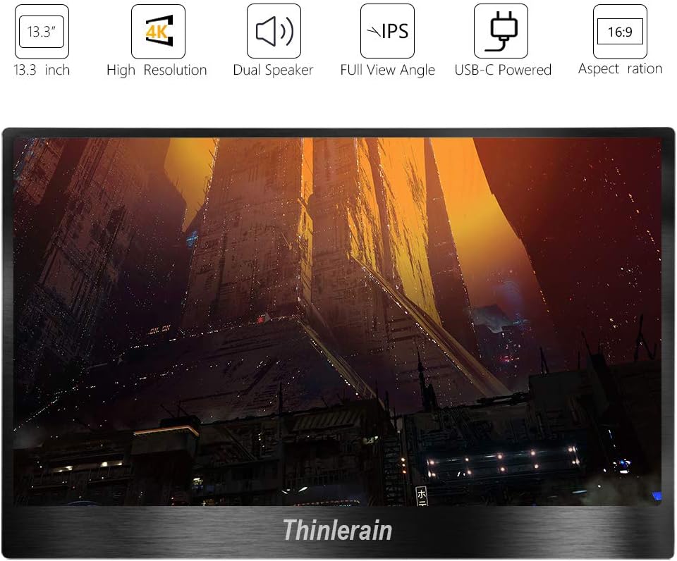 4K USB C Portable Monitor - Thinlerain 13.3'' UHD 3200x1800 IPS 100% sRGB, Computer Gaming Monitor with Dual Speaker/VESA/Mini DP/Mini HDMI/Type-C for Laptop, PC, MAC, Surface, PS4, Xbox, Switch: Computers & Accessories