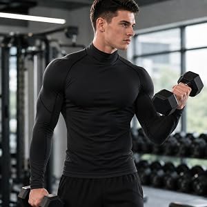 Men’s Long Sleeve Compression Shirt, High Stretch Quick Dry Mock Neck Workout Top, Athletic Base Layer for Gym Running (Black