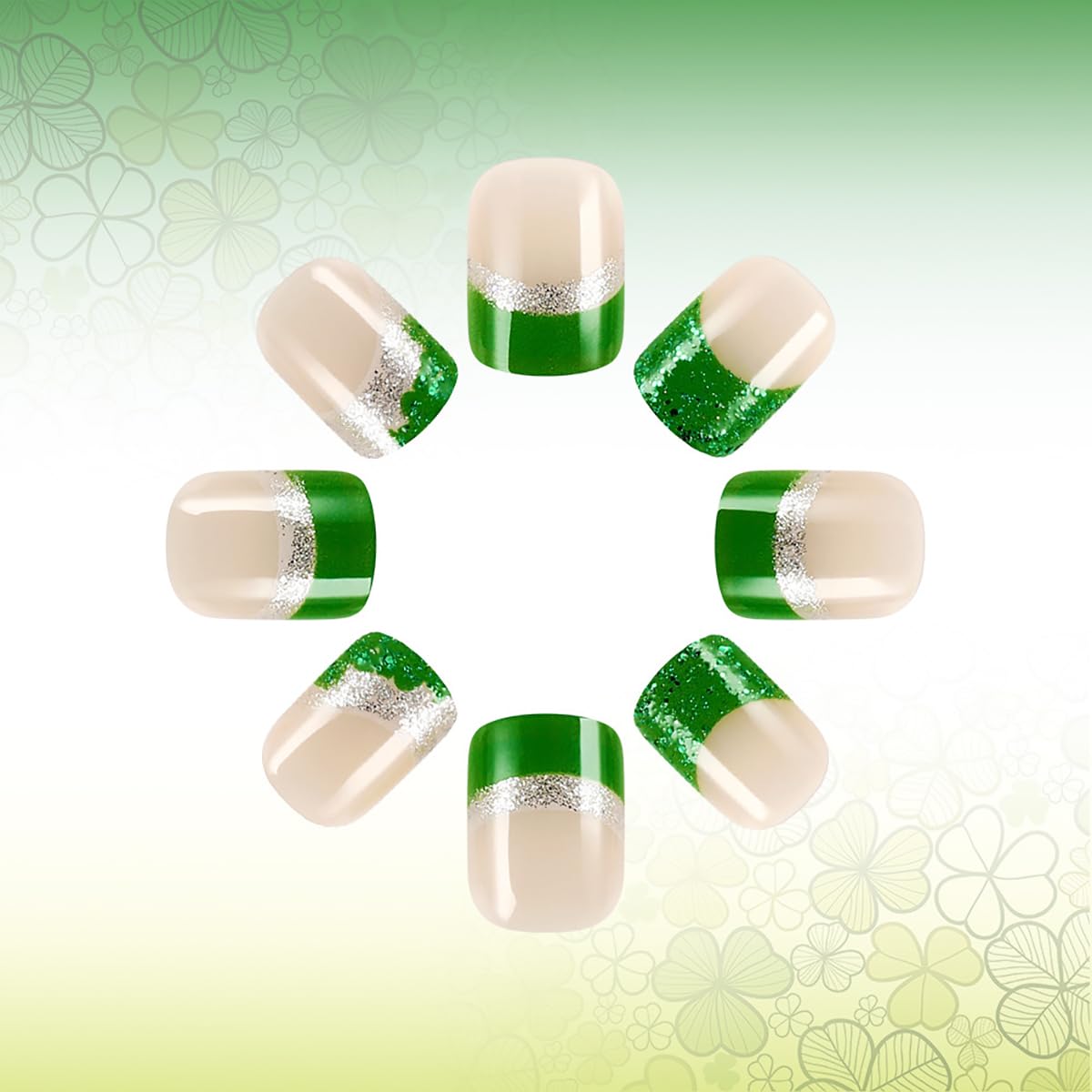 St. Patrick's Day Glitter Press on Nails Short Square Fake Nails Shamrock French Tip False Nails with Lucky Clover Designs, Full Cover Acrylic on Nails Glue on Nails for Holiday DIY Manicure 24Pcs - Image 5