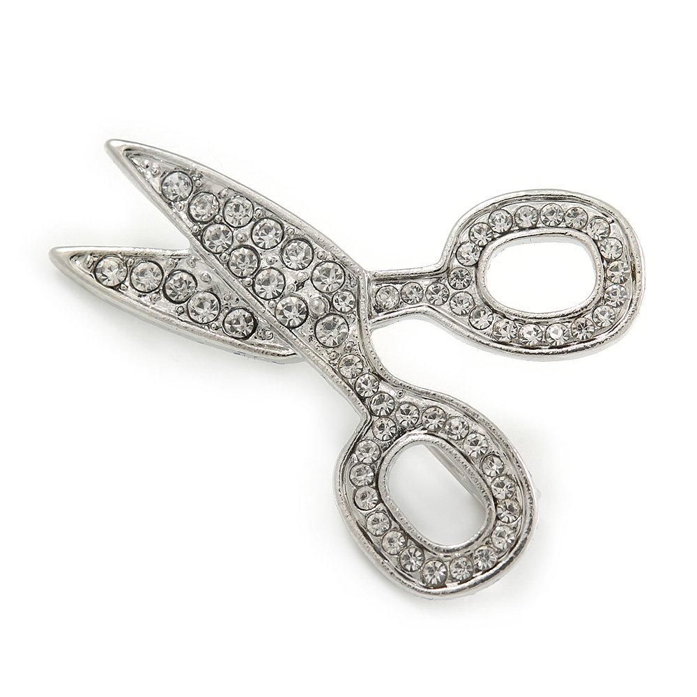 Small Clear Crystal Scissors Brooch In Rhodium Plated Metal - 35mm L