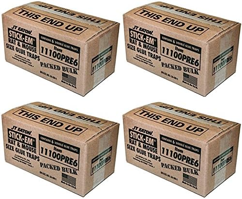 JT Eaton 111-00PRE6 Stick-Em Pre-Baited Rat/Mouse Size Peanut Butter Scented Double Glue Trap Tray, 10" Length x 5" Width x 3/4" Height, White, 4 Pack (6 Traps)