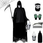 ULEMON Halloween Grim Reaper Costumes Scary Adults Black Hooded Cloak Scythe Skull Mask Skeleton Gloves Candy Bags