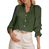 Tankaneo Womens Puff Long Sleeve Button Down Shirts Ruffle Mock Neck Blouses Dressy Casual Loose Fit Tops