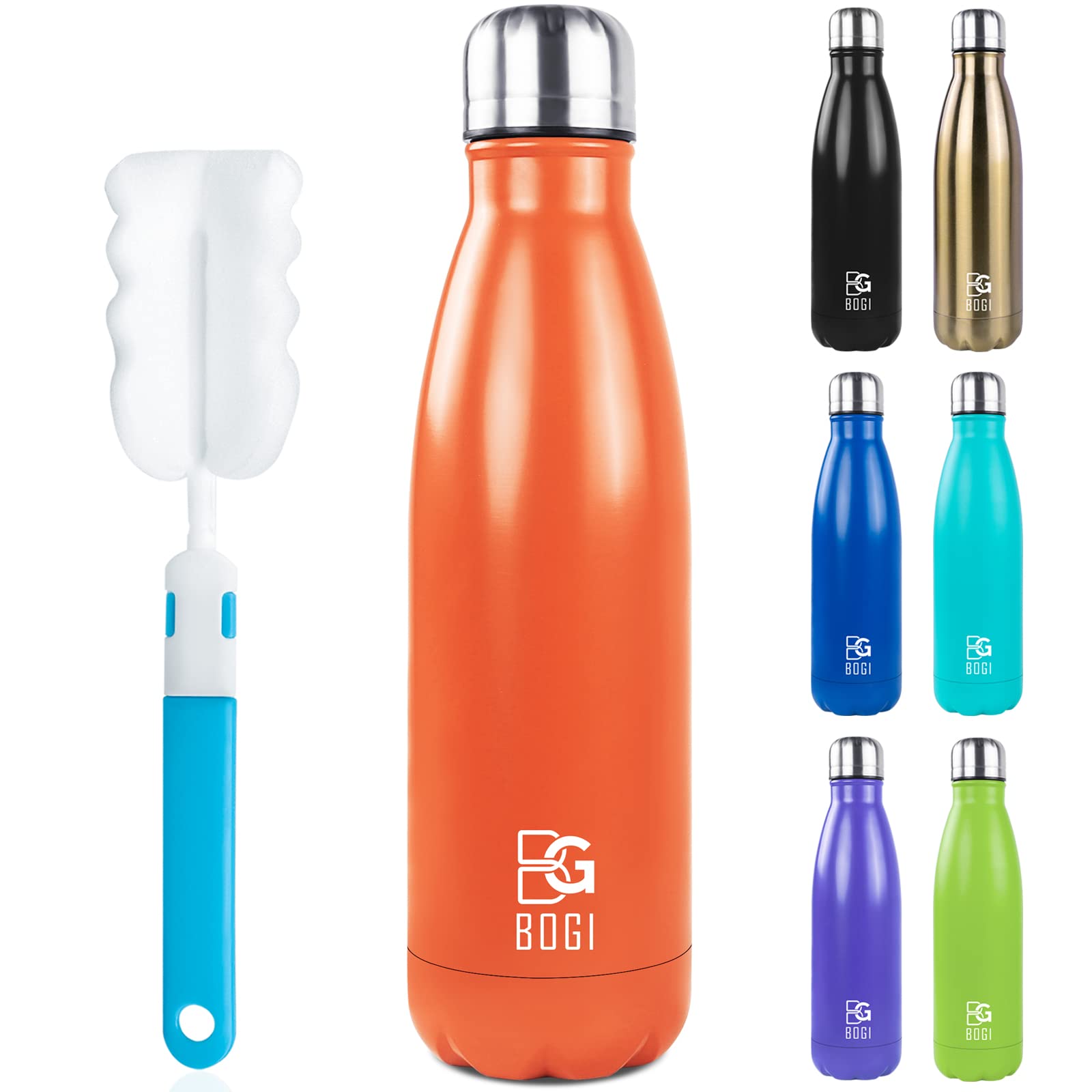 BOGI Insulated Water Bottles,500ml Metal Water Bottle,Leakproof Stainless Steel Water Bottle Keep Hot and Cold Water Bottle Bike Gym Sports Water Bottle with Cleaning Brush(Orange)