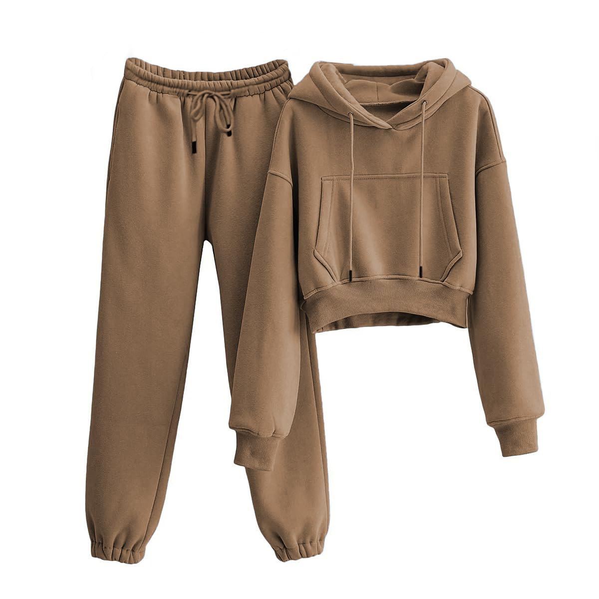 Photo 1 of Tanming Women 2 Piece Outfits Sweatsuits Crop Pullover Fleece Sweatshirt Jogger Pants Lounge Set (Brown-XXL)