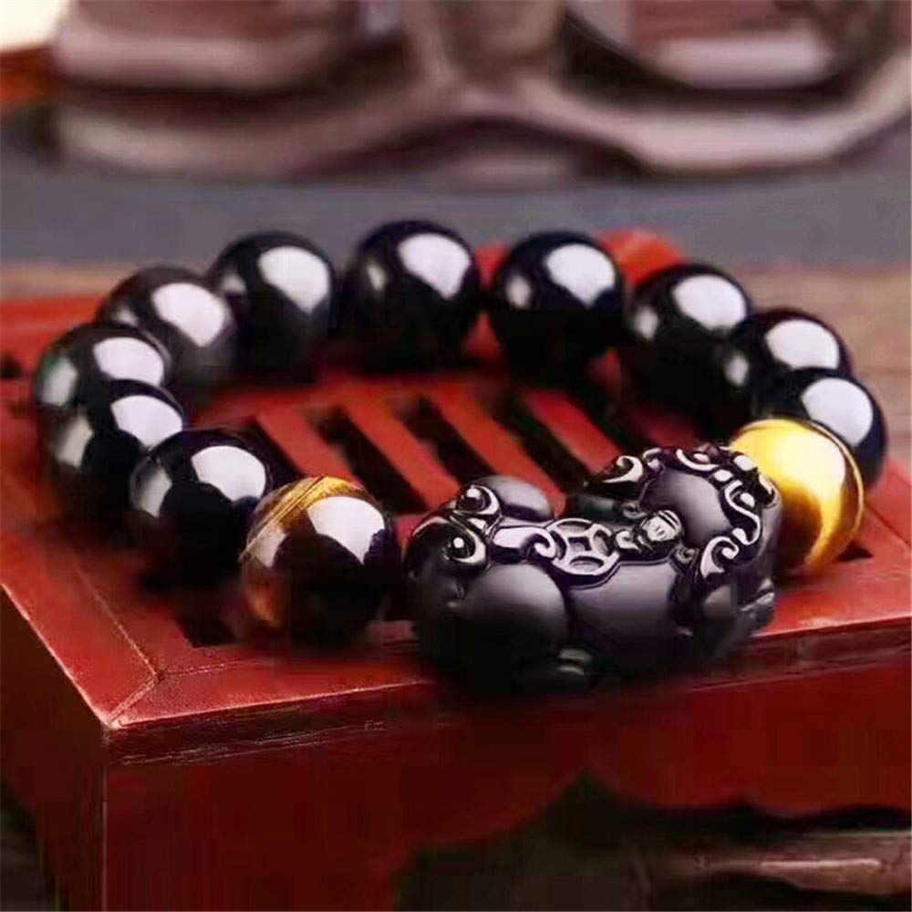 Feng Shui The Best 10mm Black Hand Carved Mantra Bead Bracelet with Obsidian Pi Xiu/Pi Yao Lucky Wealthy Amulet Brecelet with Tiger's Eye/Black Stone