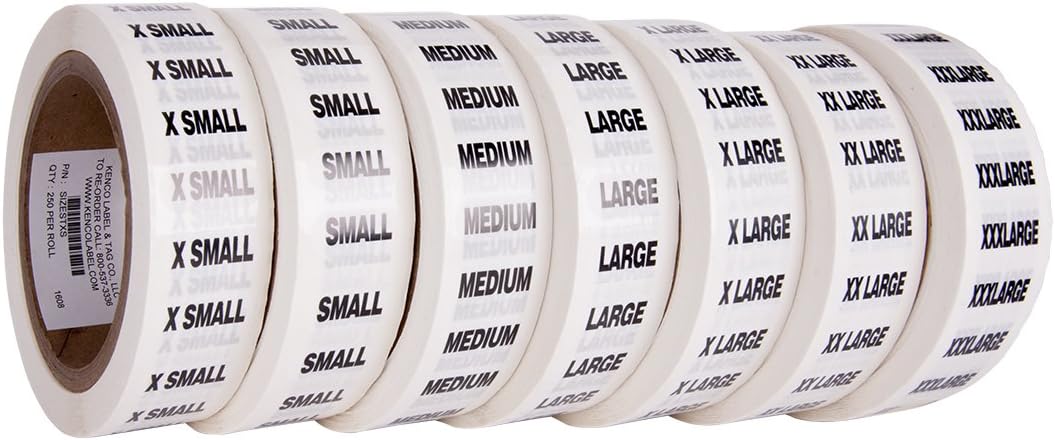 Clothing Size Strip Labels - 1.25" X 5" - 250 Strips Per Roll - 1500 Labels Total! - Clear with Black and White Ink by Kenco (7 Pack) : Office Products