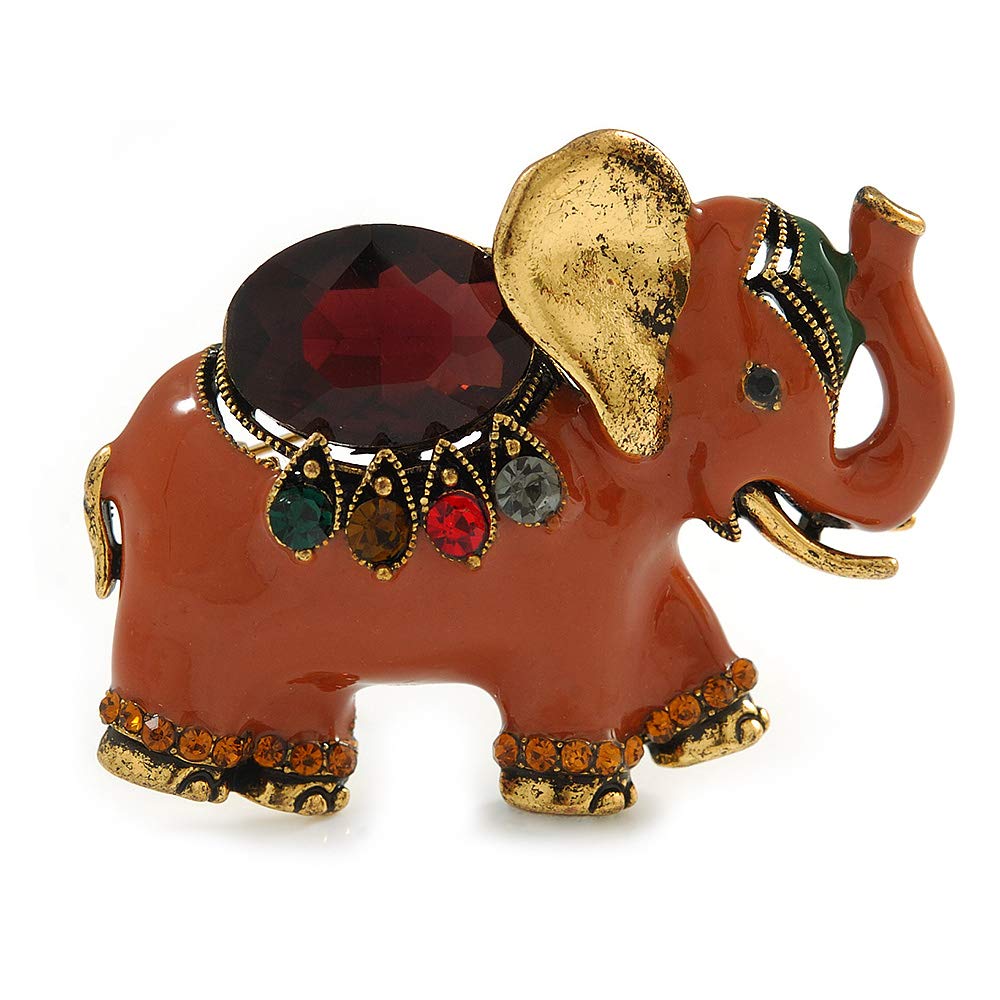 Vintage Inspired Brown Enamel, Crystal Elephant Brooch In Aged Gold Tone - 50mm Across