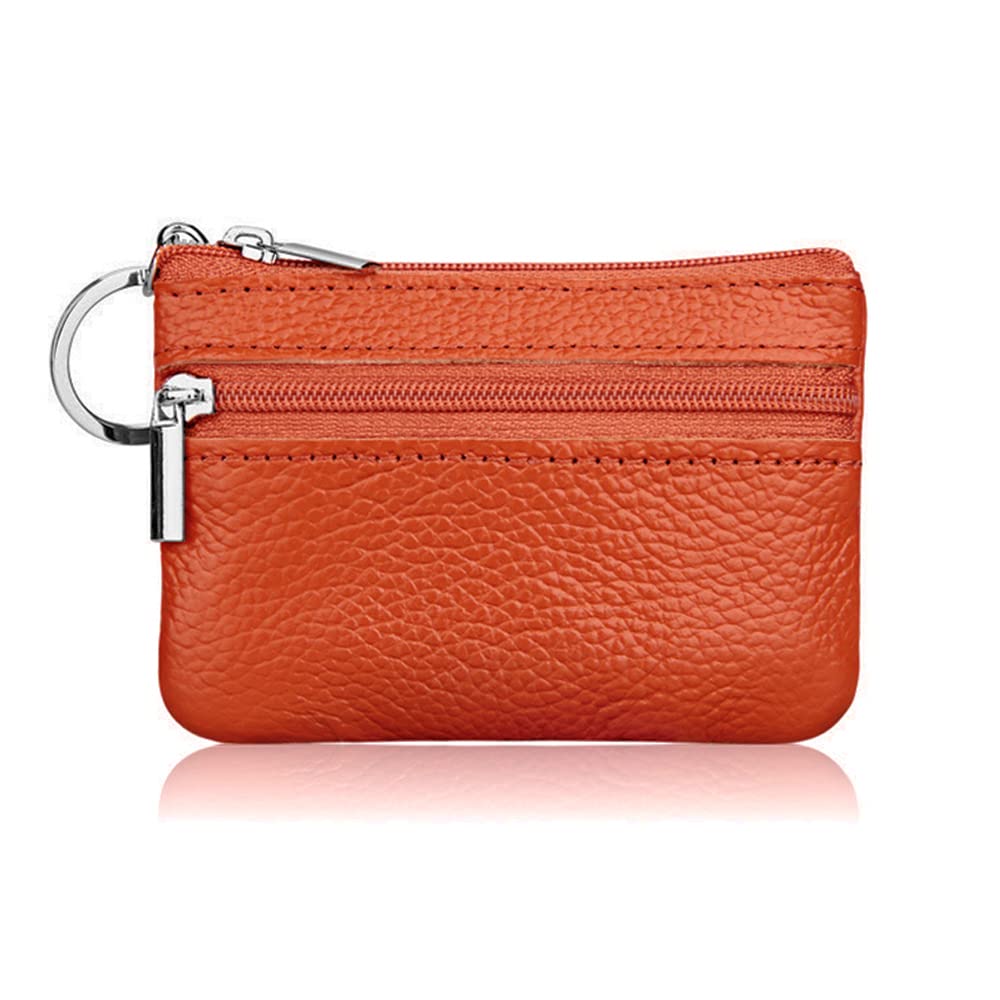 Hibate Mini Leather Coin Purse Holder Pouch for Women Men Kids with Zip Key Ring - Orange