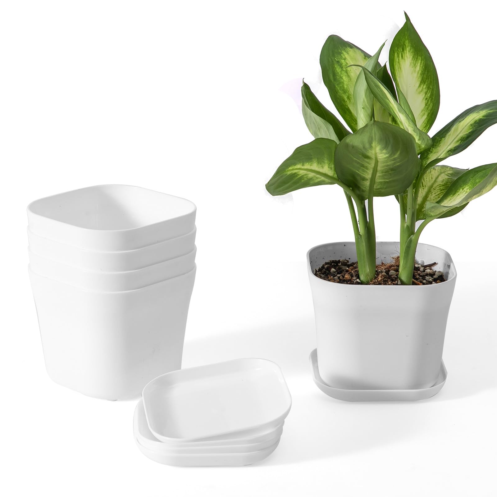 BSTMOME Plastic Plant Seedling Pots,Square Plants Nursery Pot, Flower Pots with Saucer for Balcony,Garden,Home Decor (White)